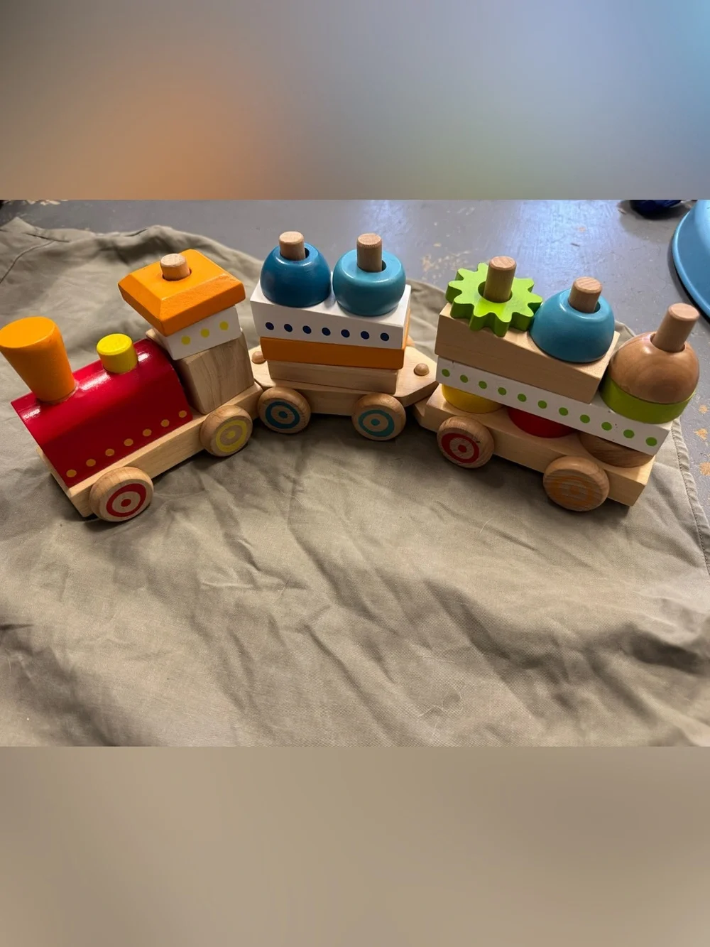 wooden 3-car stacking train, and numerous stackable blocks